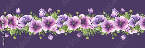 Anemones flowers with purple buds and green leaves seamless border. Watercolor greenery floral horizontal pattern design for textile printing Hand drawn isolated on dark violet background illustration