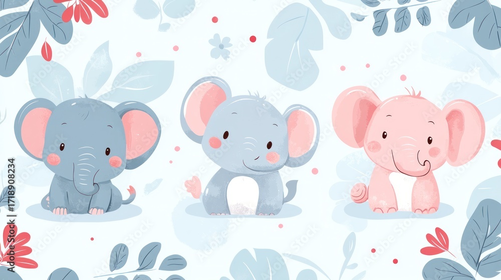 Fototapeta premium Cute elephants in a floral pattern