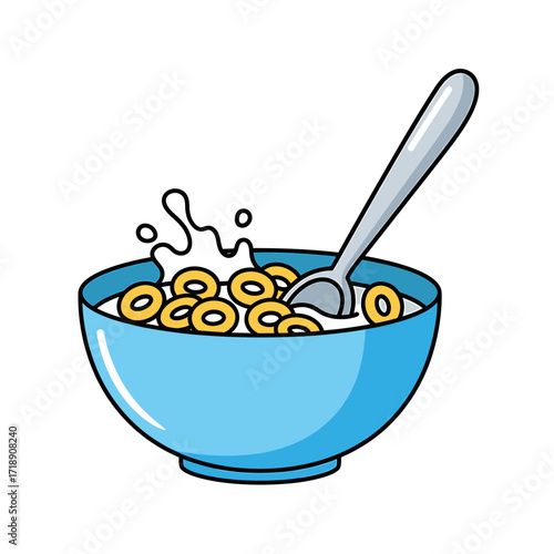 Cartoon illustration of a bowl of cereal with milk and a spoon, showing a splash.