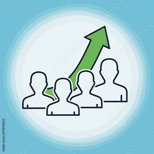 Group of people with an upward trending arrow, symbolizing growth and success.
