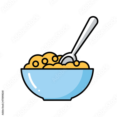 A bowl of oatmeal with a spoon, ready to be eaten.  Simple breakfast food illustration.