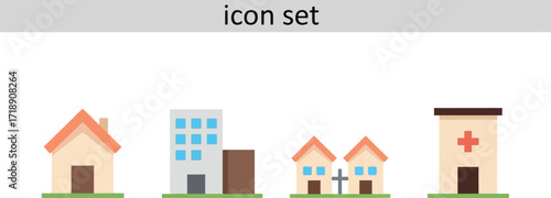 Illustration of house building hospital and office icon set editable stock