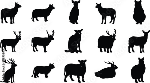 Silhouette collection of various deer and sheep species in different poses vector