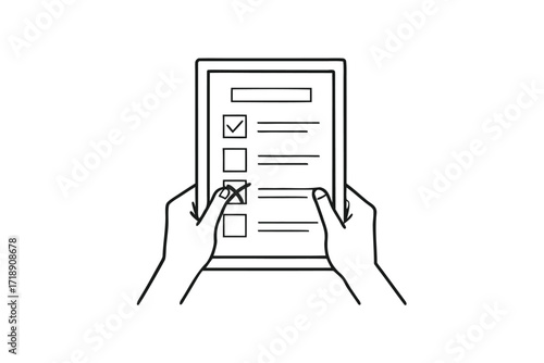 Checklist in Hands Vector, Tick and Cross Marks, Lines on White Background