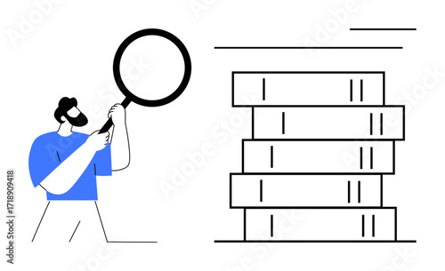 Person analyzing stacked books with a magnifying glass representing study, research, learning, knowledge, inspection. Ideal for education, analysis, exploration, focus investigation data
