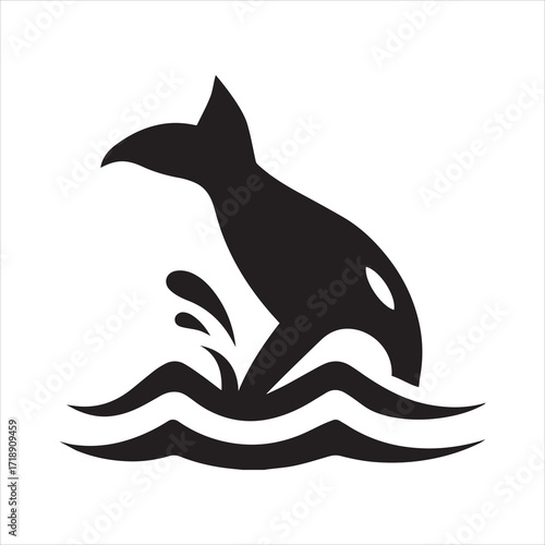 Black silhouette of an orca whale breaching from stylized waves