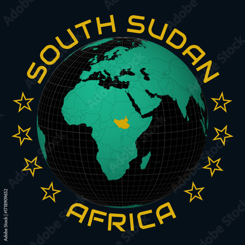 South Sudan on Globe. Round country and continent name text. Country view on world map in Black Emerald color palette. South Sudan shape on map. Neat vector illustration.