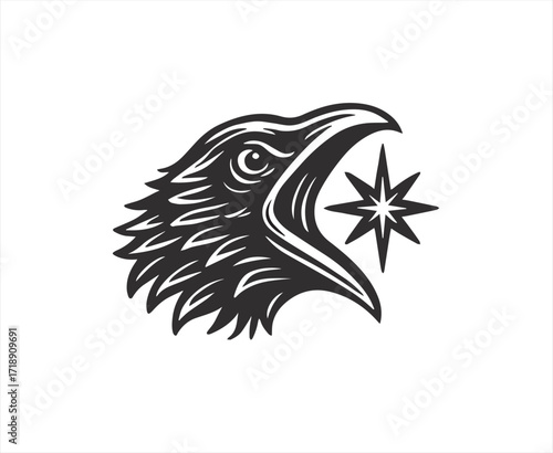 Black and white illustration of an eagle head with open beak and a star symbol on white background bird