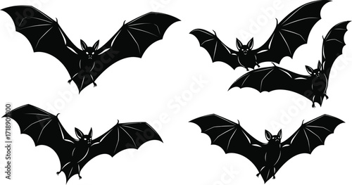 Four black bat silhouettes with spread wings on a white background illustration