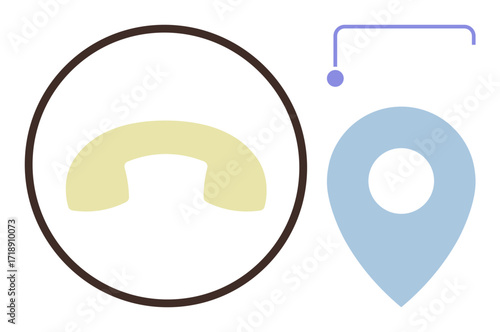 Yellow phone receiver in a circle beside a blue location pin connected by a curved line. Ideal for customer service, communication, navigation, connection, accessibility, networking, geo-location