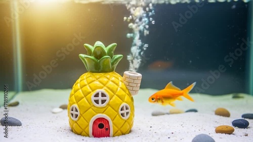 Goldfish Swimming Near Pineapple House in Aquarium.