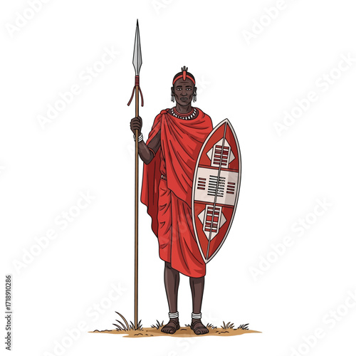 Maasai warrior standing proudly, adorned in traditional red shuka, holding a spear and shield.