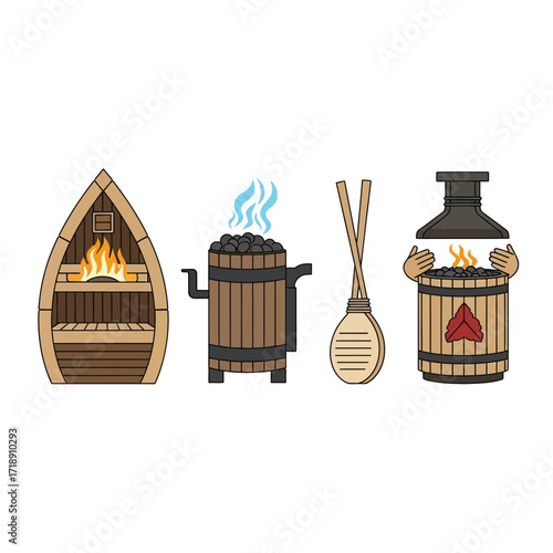 Illustrative vector graphic showing various sauna elements, including a wooden sauna and heating components.