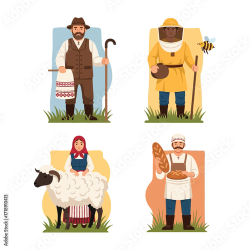 Four diverse illustrations showcasing various professions, including a farmer, beekeeper, shepherdess, and baker.