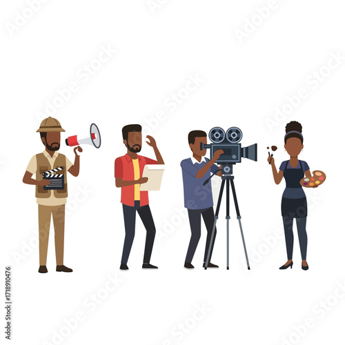 Cartoon illustration of a film crew working, including a director, cameraman, and artist.