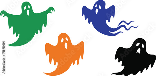 Colorful halloween ghosts in green blue orange and black on a white background