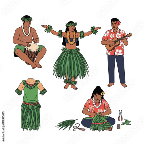 Illustration of Hawaiian people: a drummer, a hula dancer, a ukulele player, a dress, and a woman crafting a skirt.