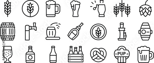 Beer Icons Set Wheat Barrel Tap Hop and Glasses Collection barley