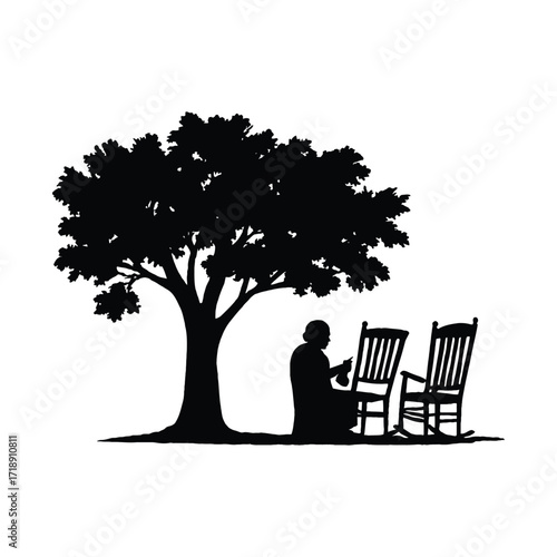 Serene Silhouette Old Woman Relaxing with Needlework Underneath a Tree Near Rocking Chairs