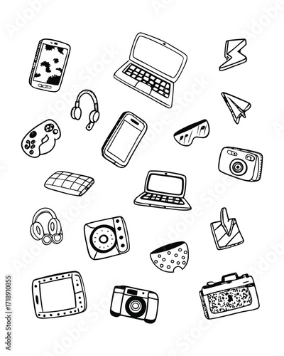 Collection of Modern Technology and Devices sets with hand-drawn illustrations
