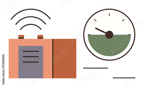 Wireless-enabled device emitting signals and paired with an analog gauge for performance tracking. Ideal for technology, IoT, data monitoring, efficiency, energy management, connectivity, innovation