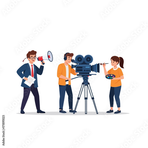 Film crew working together on a movie set, with director, cameraman, and makeup artist.