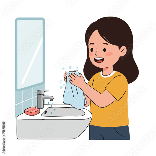 A cheerful young girl is happily drying her freshly washed hands with a soft towel by a bathroom sink with soap, depicted in a vibrant flat 2D vector illustration on a clean white background.