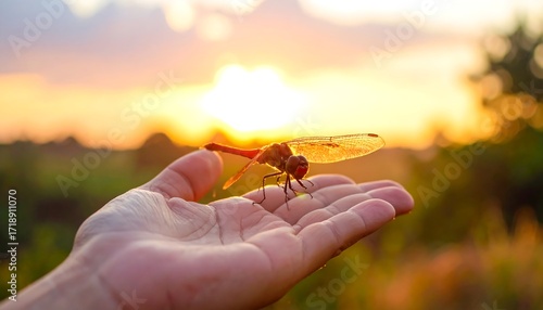 Dragonfly on hand at sunset
