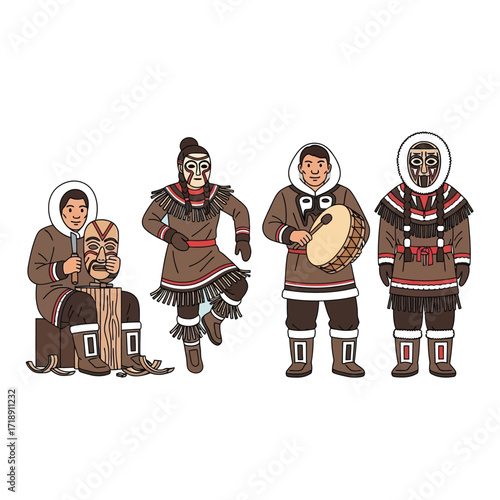 Inuit people performing traditional dance and mask-making.