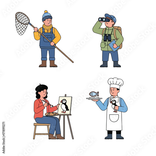 Four individuals pursuing diverse hobbies related to puffins: birdwatching,  art, fishing, and cooking.