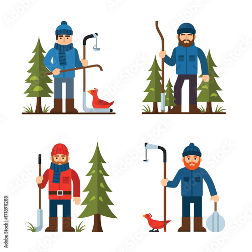 Four illustrated men, winter attire, engaged in ice fishing activities amidst snowy evergreen trees.