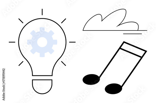 Light bulb with gear symbolizing ideas, cloud for imagination, and musical notes for creativity. Ideal for innovation, inspiration, creativity, brainstorming, imagination art and design. Simple