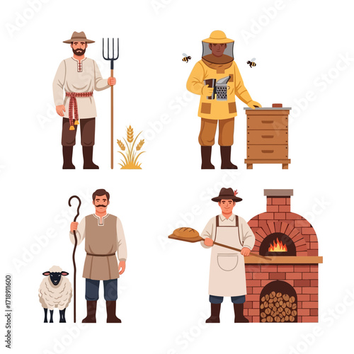 Four illustrations depict agricultural roles: farmer with pitchfork, beekeeper, shepherd with sheep, and baker with bread near an oven.