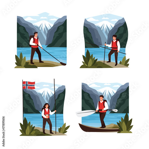 Four illustrations depict a person enjoying outdoor activities like paddleboarding and canoeing in a mountainous, scenic landscape.