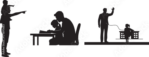 Silhouetted family members engage in various activities, including learning, playing, and connecting, showcasing family bonds and shared experiences in simple black and white.
