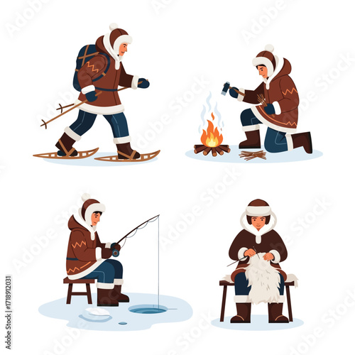 Four illustrations of Inuit people engaged in traditional winter activities, including snowshoeing, making fire, fishing, and crafting.