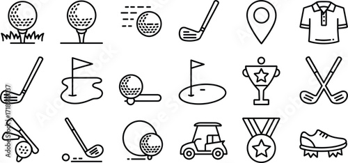 Collection of black and white line art icons for golf and sports Keywords: golf, sports, icons
