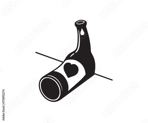 Bottle with heart symbol and drop on white background : bottle, heart, love, drink, alcohol, beverage, liquid, drop, symbol, icon, graphic, illustration, drawing, simple, black and white