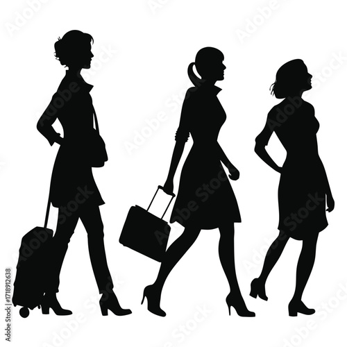Three fashionable women silhouetted walking with luggage and handbags