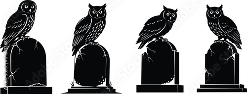 Four owls perched atop tombstones in a spooky black and white halloween illustration