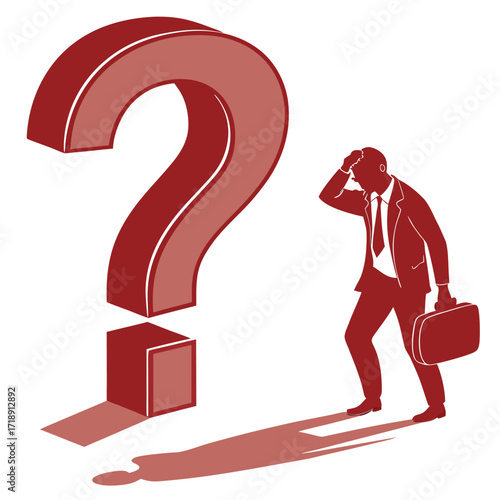 A businessman contemplates a large red question mark with uncertainty