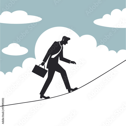 A businessman carefully walking on a tightrope towards a bright future