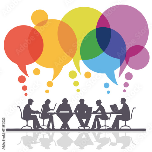People in a meeting surrounded by colorful overlapping speech bubbles