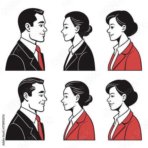 Diverse group of business people displayed in profile view illustrations