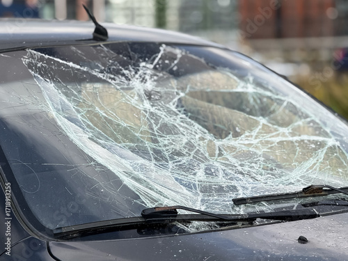 A broken windshield of a car due to burglary, vandalism, theft. Dangerous, careless, unsafe, drunk, impaired driving, DUI, car crash fatal injury, insurance claim concept, car owner will incur losses.