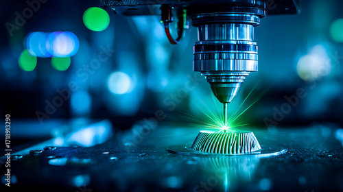 Close-up of a precision CNC machine drilling into a metal component with green laser light in a high-tech industrial setting