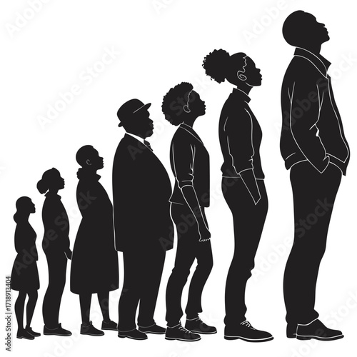 Generational silhouettes of people standing side by side looking upwards