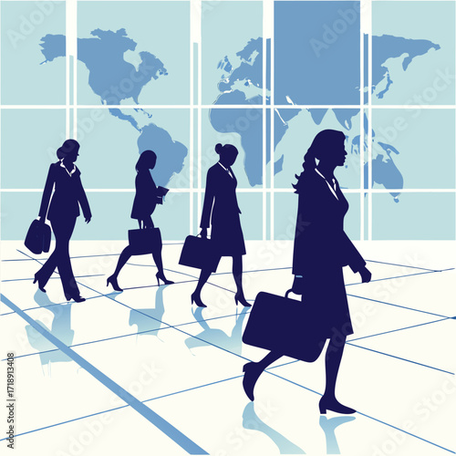 Businesswomen walking through a modern building with a world map backdrop