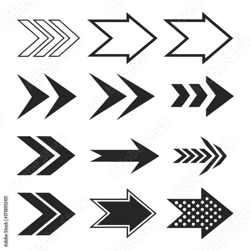 Collection of various black and white arrow shapes direction indicators