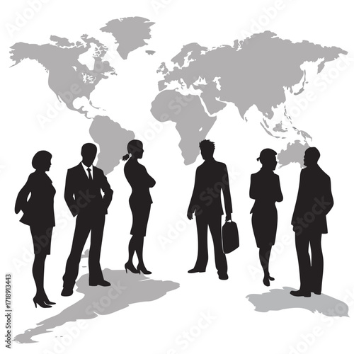 Silhouettes of business people standing in front of a world map